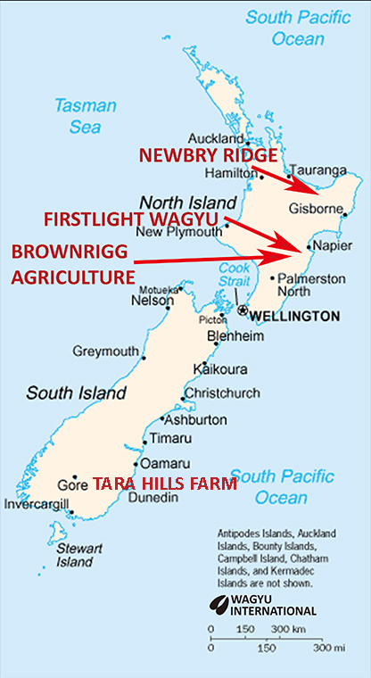 Map with Wagyu breeders in New Zealand